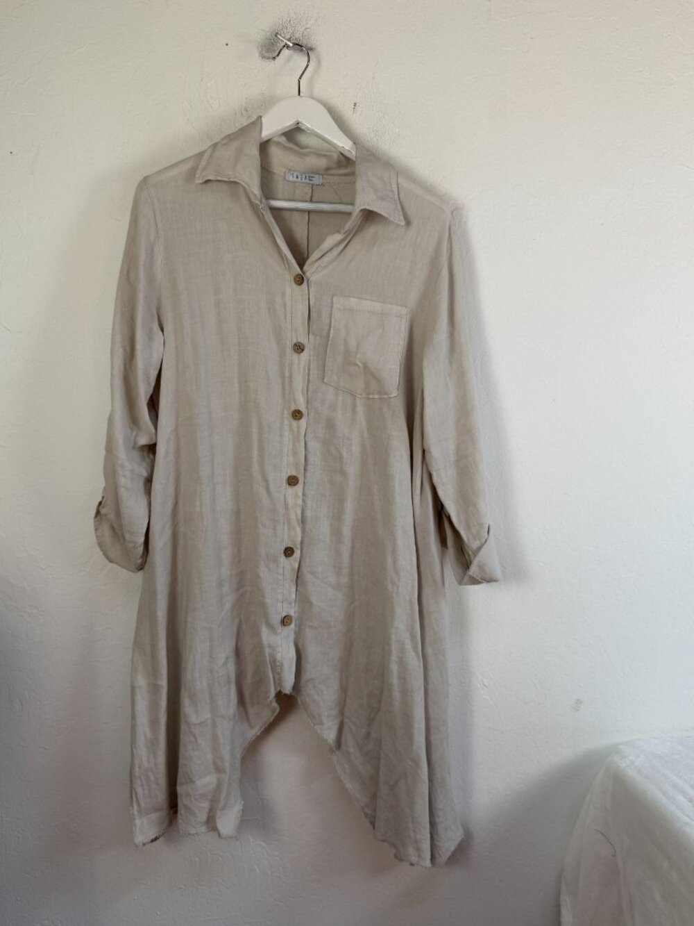 Saga Made in Italy Women Linen Button Down Tunic Top Blouse Asymmetric Lagenlook